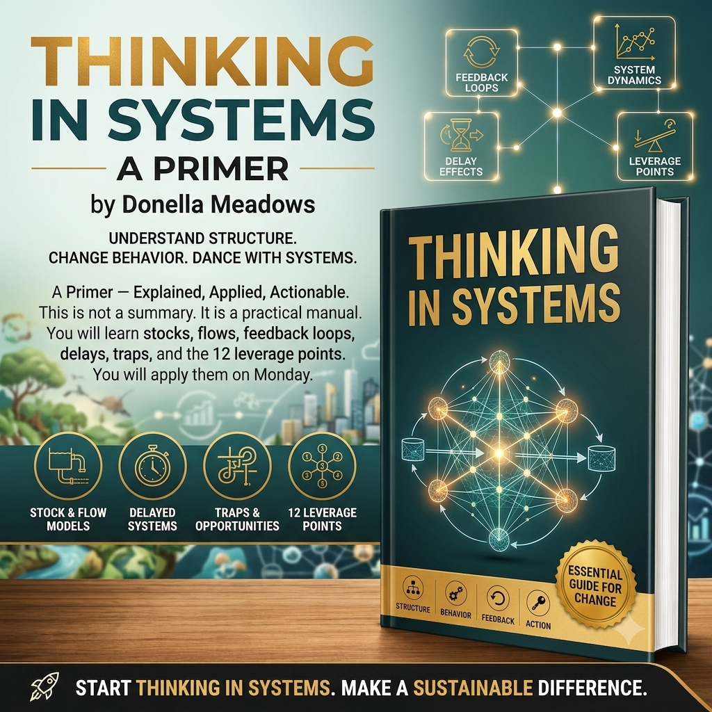 Book cover and promotional graphic for 'Thinking in Systems: A Primer' by Donella Meadows, shown standing on a wooden surface with marketing text and system-concept callouts around it.