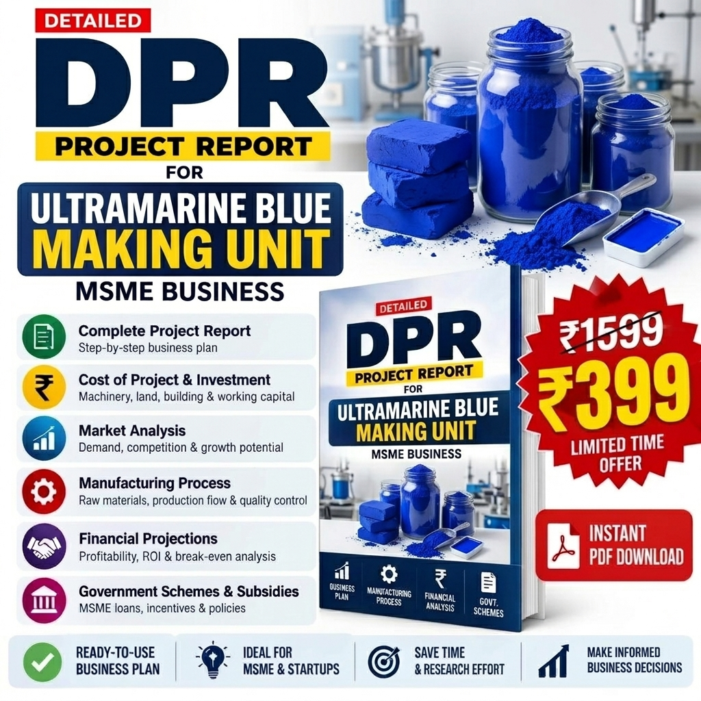 Promotional graphic for a digital PDF report titled 'DPR Project Report for Ultramarine Blue Making Unit' for MSME business. The design features a blue powder theme with jars of blue powder, a mockup of the book cover, and pricing information showing a reduced price from ₹1539 to ₹399.