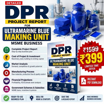 Promotional graphic for a digital PDF report titled 'DPR Project Report for Ultramarine Blue Making Unit' for MSME business. The design features a blue powder theme with jars of blue powder, a mockup of the book cover, and pricing information showing a reduced price from ₹1539 to ₹399.