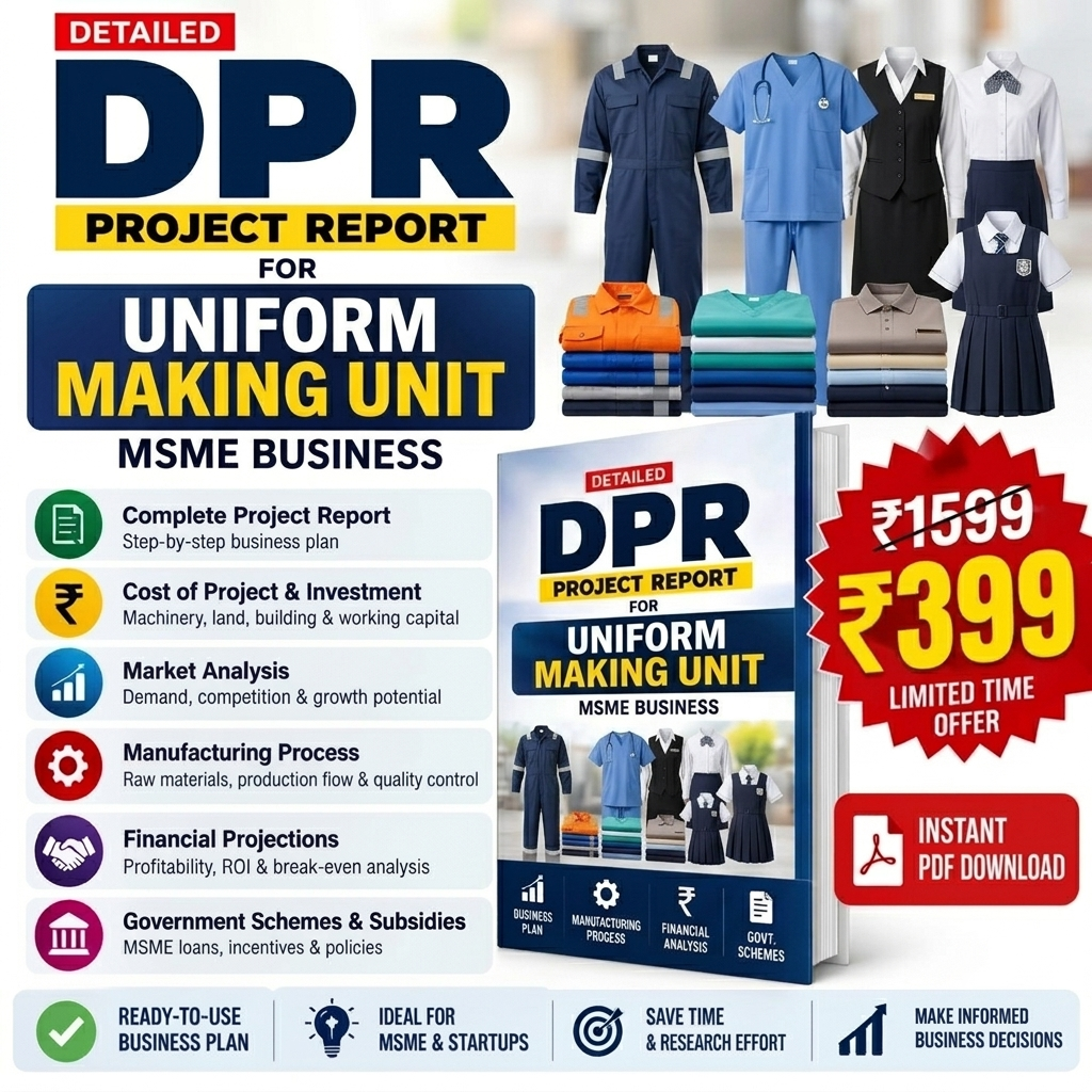 Promotional graphic for a digital PDF report titled 'Detailed DPR Project Report for Uniform Making Unit' by MSME Business. The design features a blue and yellow color scheme with text highlighting key business report sections, alongside mockups of various school uniform sets (navy blue, light blue, black, and white) and a red price badge showing 'Rs.