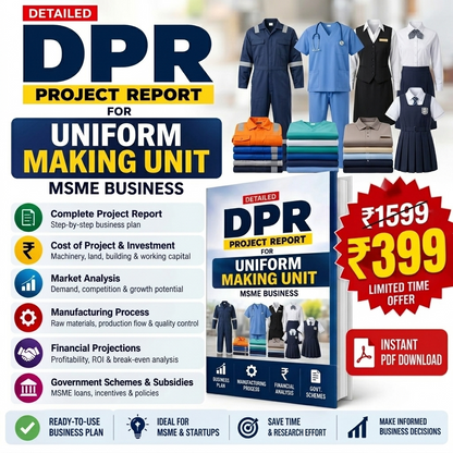 Promotional graphic for a digital PDF report titled 'Detailed DPR Project Report for Uniform Making Unit' by MSME Business. The design features a blue and yellow color scheme with text highlighting key business report sections, alongside mockups of various school uniform sets (navy blue, light blue, black, and white) and a red price badge showing 'Rs.