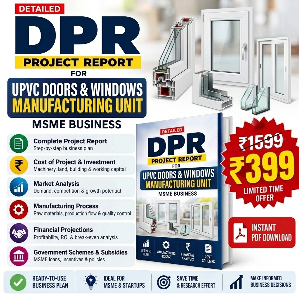 Promotional graphic for a 'DPR Project Report' PDF for the UPVC Doors & Windows Manufacturing Unit, featuring a book cover mockup, a red price badge showing ₹399, and a list of included business plan sections on a white background.