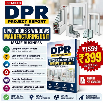 Promotional graphic for a 'DPR Project Report' PDF for the UPVC Doors & Windows Manufacturing Unit, featuring a book cover mockup, a red price badge showing ₹399, and a list of included business plan sections on a white background.