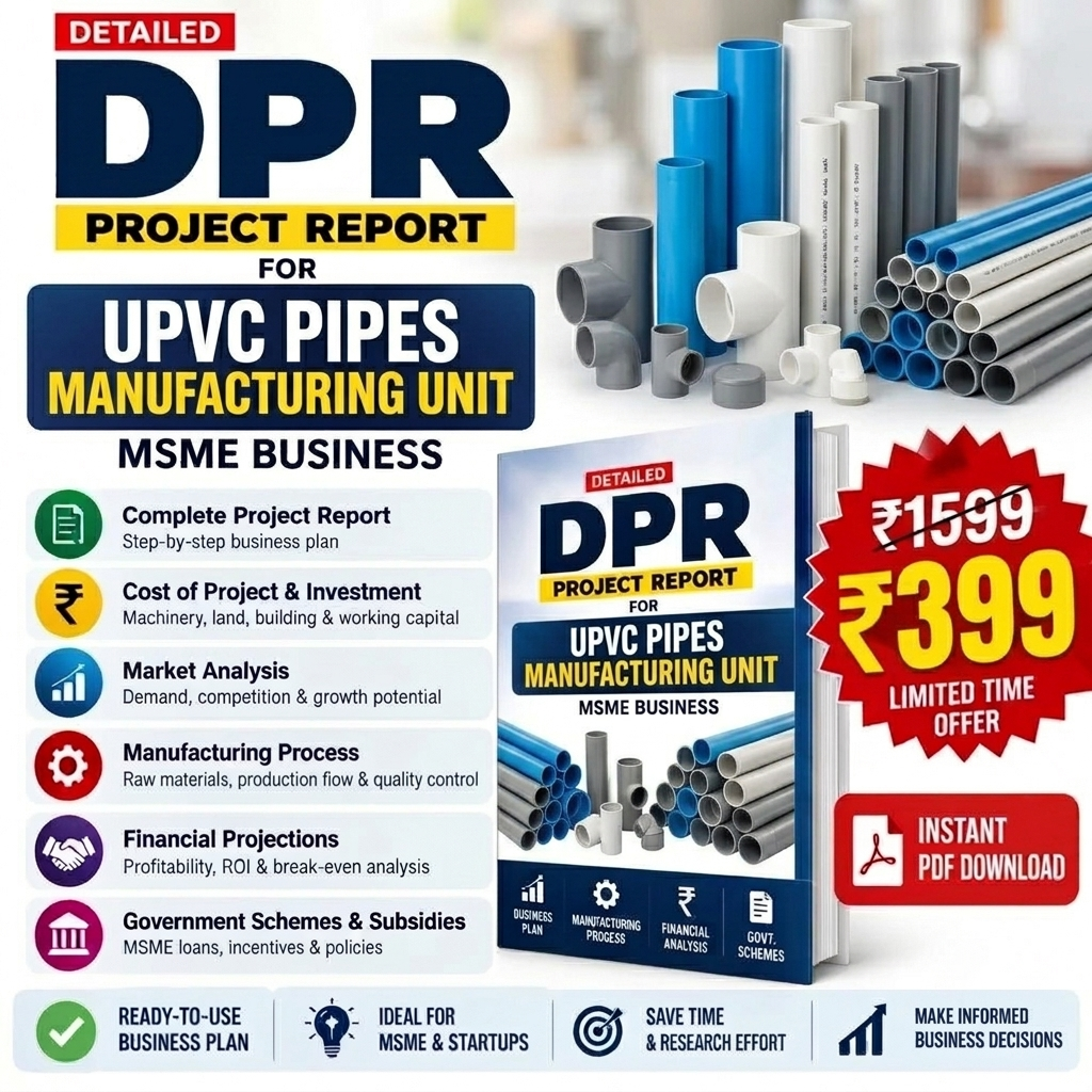 Promotional graphic for a digital PDF report titled 'DPR Project Report for Upvc Pipes Manufacturing Unit'. The design features a collection of blue and gray PVC pipes, a mockup of the book-style report cover, and multiple text callouts detailing the report's contents.