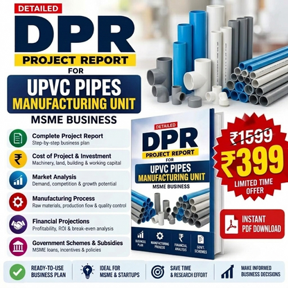 Promotional graphic for a digital PDF report titled 'DPR Project Report for Upvc Pipes Manufacturing Unit'. The design features a collection of blue and gray PVC pipes, a mockup of the book-style report cover, and multiple text callouts detailing the report's contents.