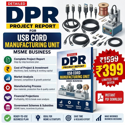 Promotional graphic for a 'Detailed DPR Project Report for USB Cord Manufacturing Unit' PDF download, showing a book cover, cables, connectors, a coil, and a machine, with pricing and marketing text.