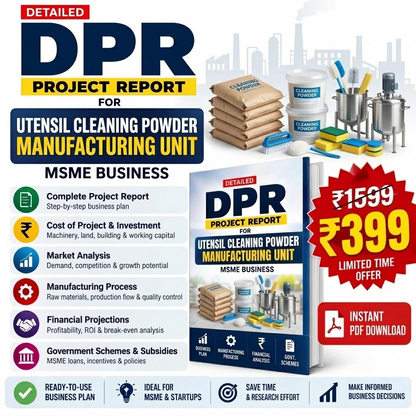 Promotional graphic for a digital PDF project report on 'Utensil Cleaning Powder Manufacturing Unit' under the brand 'DPR'. The image features a mockup of the book cover, stacks of powder bags, cleaning bucket and brushes, and various infographic icons detailing the business plan, cost analysis, market analysis, and manufacturing process.