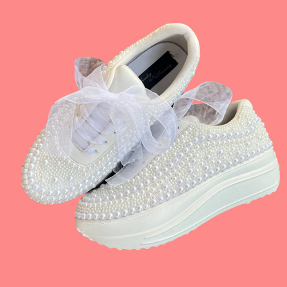 Lywire White Pearl Bridal Sneakers – Handcrafted Elegance for the Perfect Bride!