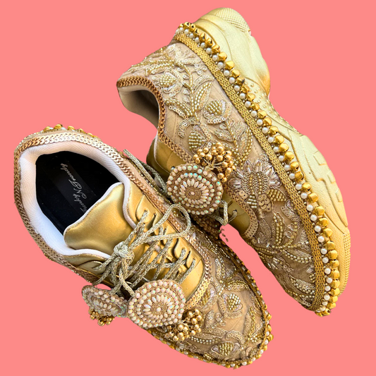 Lywire Sparkling Golden Sequin Work Bridal Sneakers β Premium Ghungaroo Gold Sneakers for Brides!