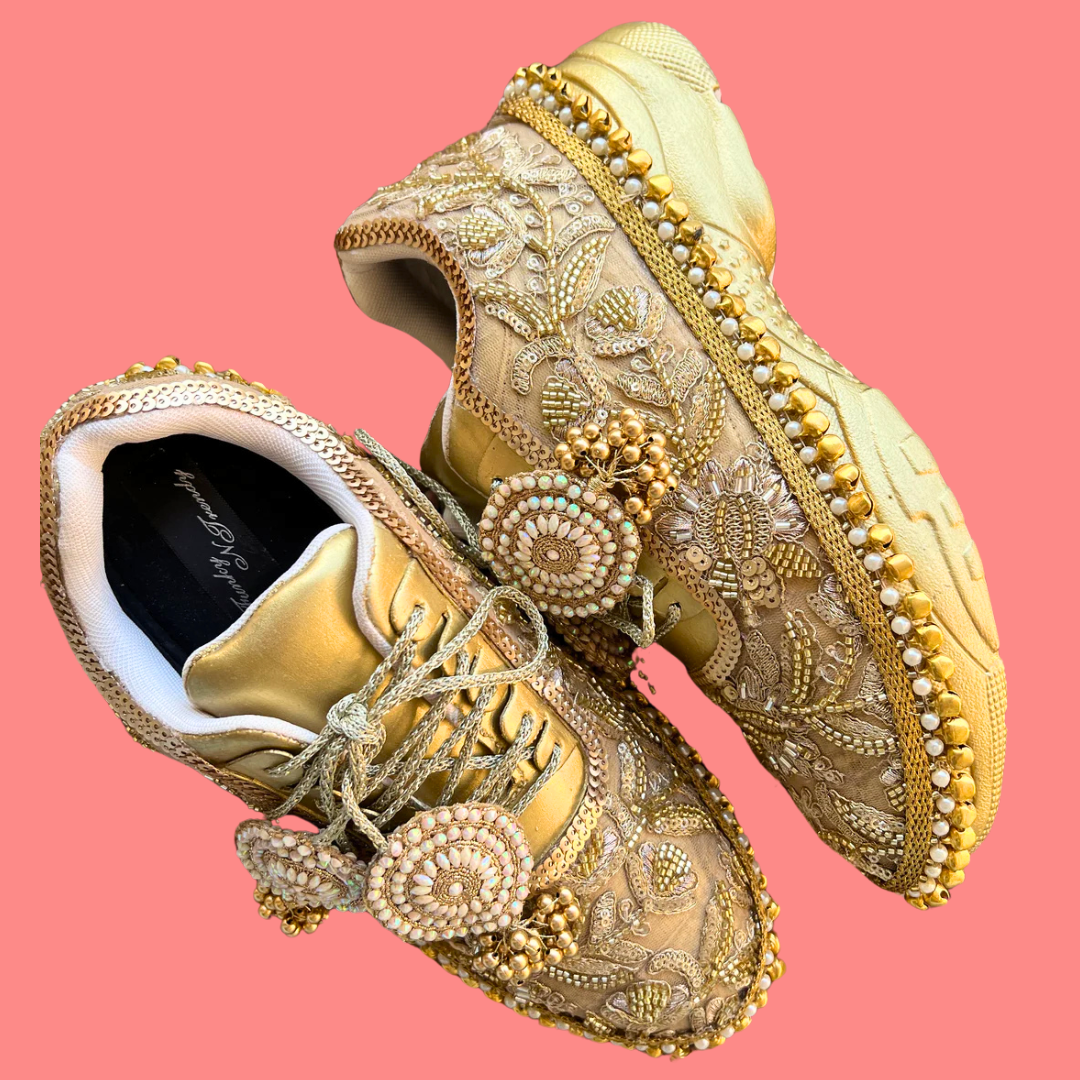 Lywire Sparkling Golden Sequin Work Bridal Sneakers – Premium Ghungaroo Gold Sneakers for Brides!