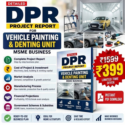 Promotional graphic for a digital PDF product titled 'DPR Project Report for Vehicle Painting & Denting Unit'. The design features a dark blue and yellow color scheme, with text detailing the report's contents on the left, a 3D mockup of the book cover in the center-right, and three collage images showing car denting and painting processes in a garage on the top right.