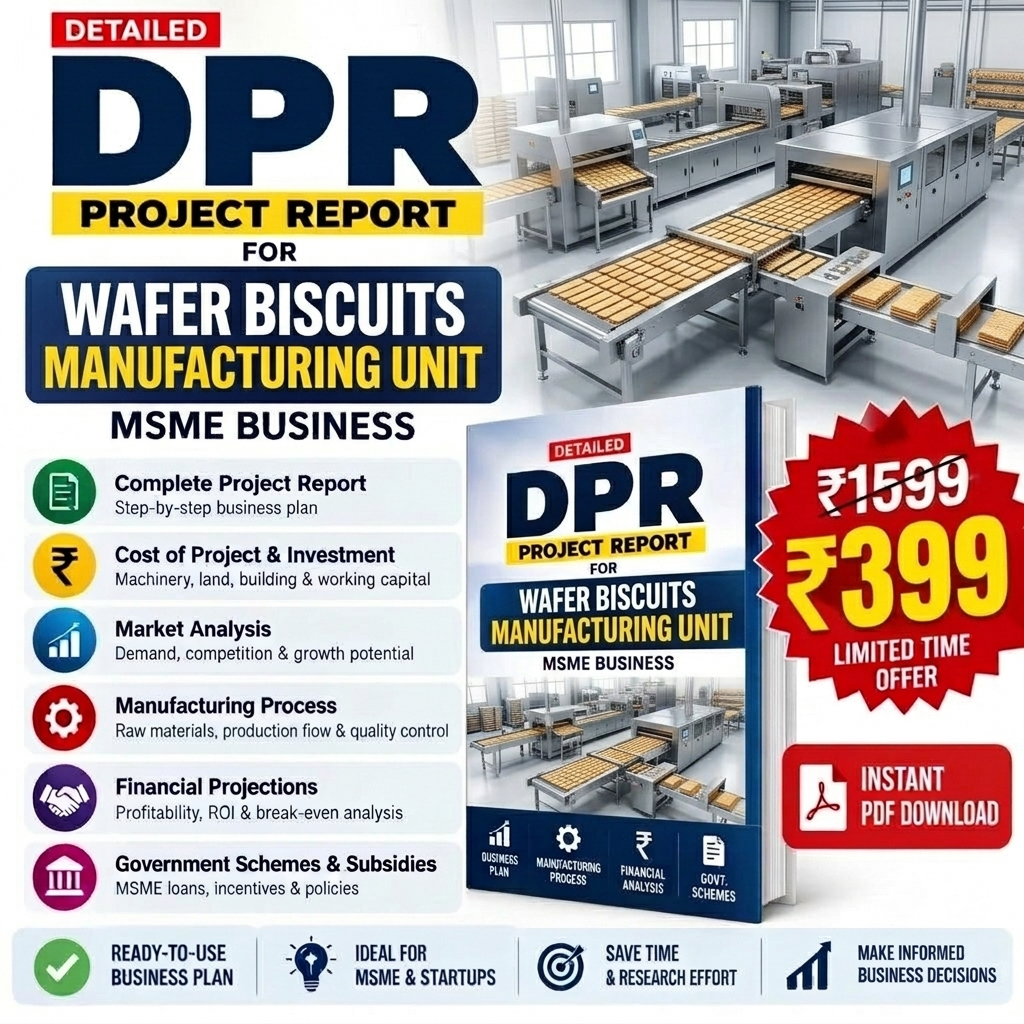 Promotional graphic for a digital PDF report titled 'DPR Project Report for Wafer Biscuits Manufacturing Unit' sold as an MSME business plan. The design features a large photo of a modern biscuit factory in the background, a 3D mockup of the book cover in the center, and a red starburst badge showing a price drop from ₹1539 to ₹399 with an 'Instant PDF Download' icon below.