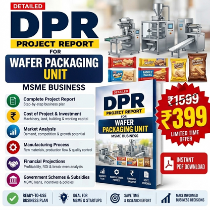 Promotional graphic for a digital PDF project report on 'DPR Project Report for Wafer Packaging Unit' by MSME Business. The design features a large title, a photo of a silver packaging machine, various snack packages (Wrigley's, KitKat, Cadbury), and a book cover mockup.
