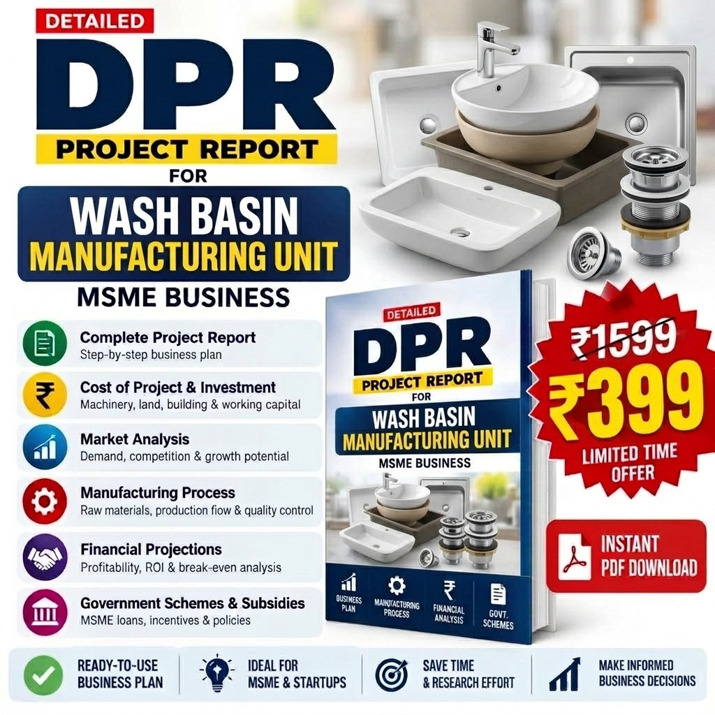 Promotional graphic for a digital PDF report titled 'DPR Project Report for Wash Basin Manufacturing Unit'. The image features multiple renderings of various wash basins and sinks, a mockup of the book report cover, and several promotional badges in Hindi and English offering a price reduction from ₹1539 to ₹399.