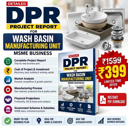 Promotional graphic for a digital PDF report titled 'DPR Project Report for Wash Basin Manufacturing Unit'. The image features multiple renderings of various wash basins and sinks, a mockup of the book report cover, and several promotional badges in Hindi and English offering a price reduction from ₹1539 to ₹399.