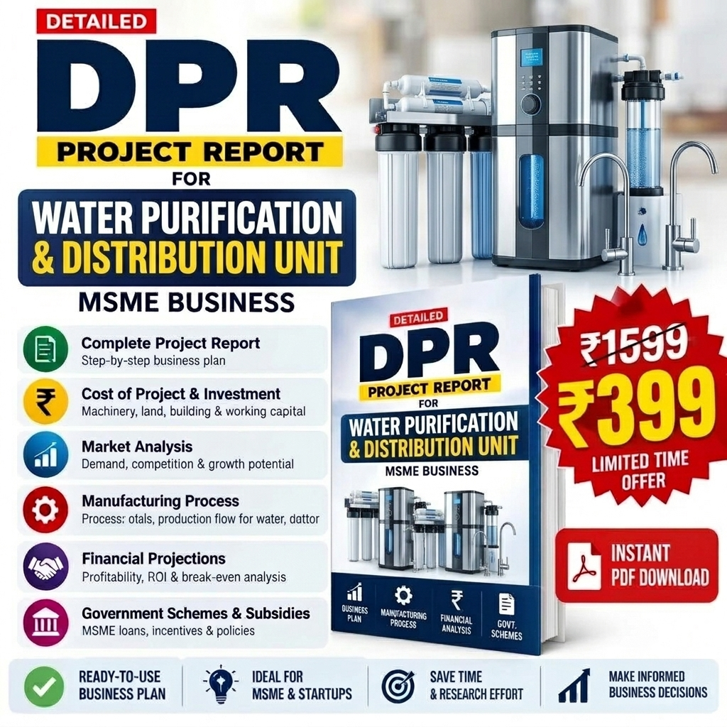 Promotional graphic for a 'Detailed DPR Project Report for Water Purification & Distribution Unit' PDF download. The design features a large water filtration system diagram on the right, a mockup of the report cover on the bottom right, and a red starburst badge showing a price drop from ₹1539 to ₹399.