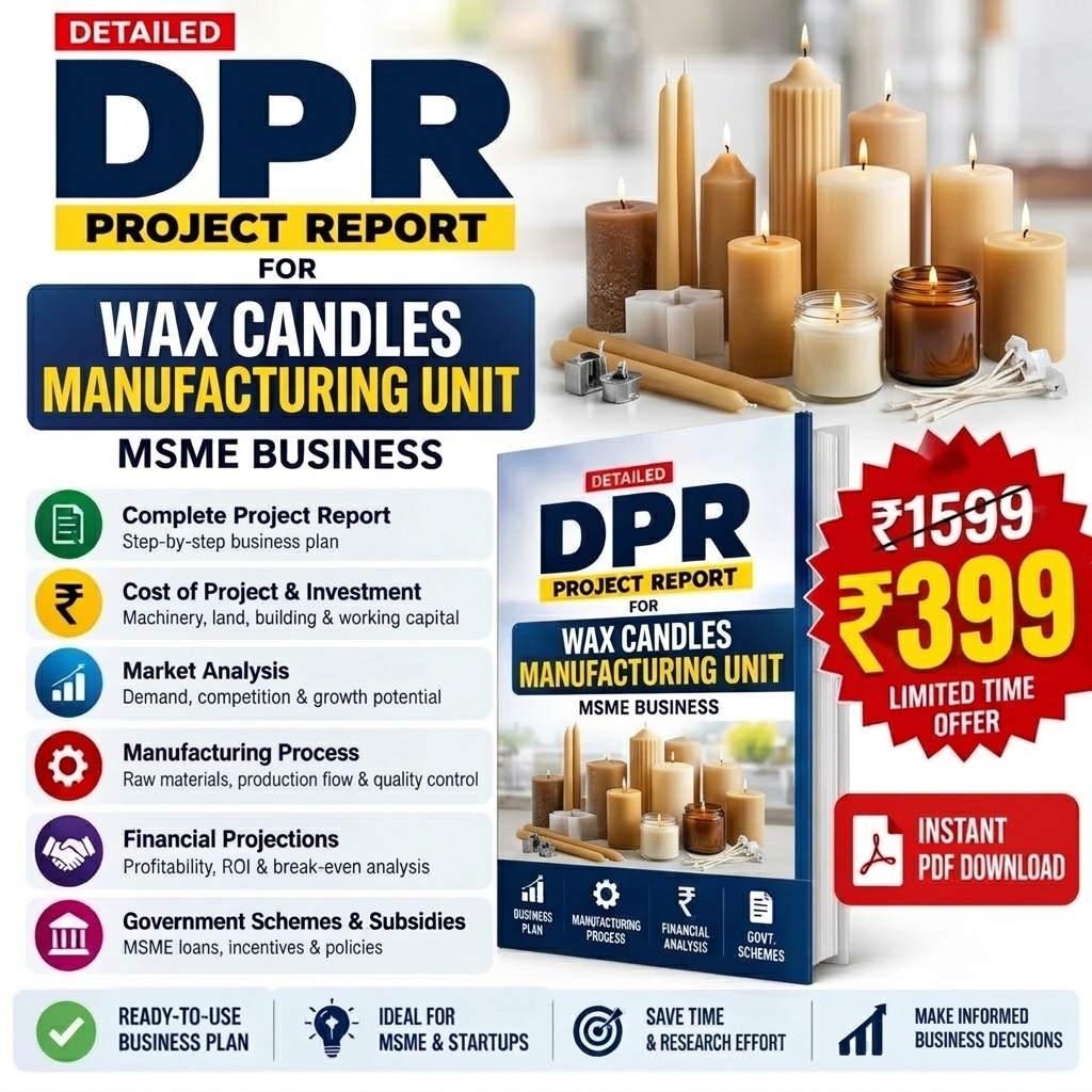 Promotional graphic for a digital PDF report titled 'DPR Project Report for Wax Candles Manufacturing Unit' designed for MSME businesses. The image features a mockup of the book cover, a collection of various taper and pillar candles, and a red promotional badge offering the price down to ₹399 with an instant PDF download link.