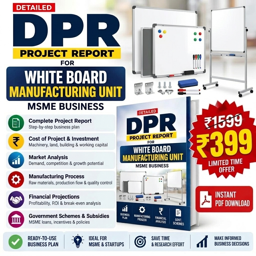 Promotional graphic for a digital PDF product titled 'DPR Project Report for White Board Manufacturing Unit'. The image features a mockup of the book cover, whiteboard stand accessories, and marketing text in Hindi and English on a light gray background.