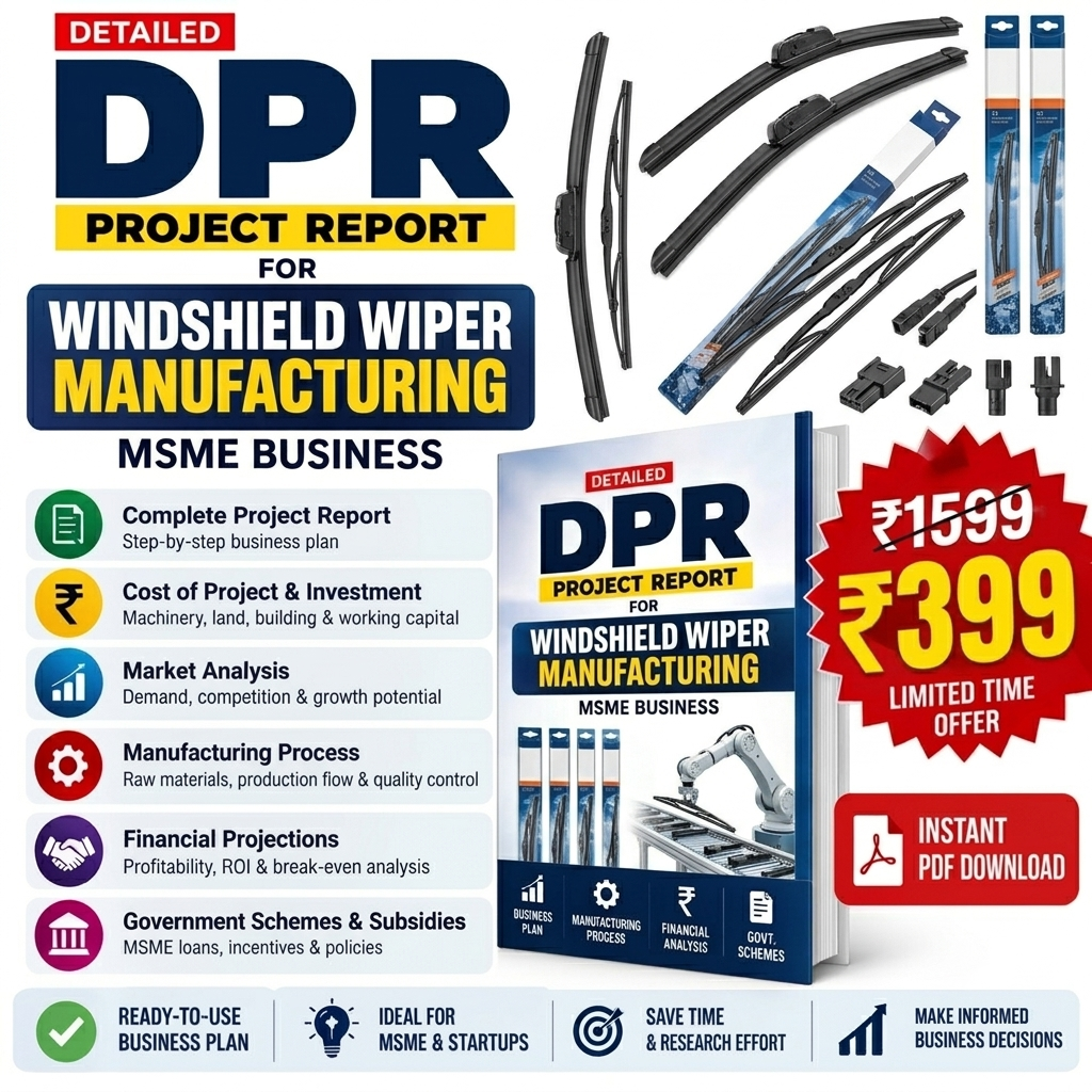 Promotional graphic for a digital PDF project report on windshield wiper manufacturing, featuring the title 'DPR PROJECT REPORT FOR WINDSHIELD WIPER MANUFACTURING', a book cover mockup, several windshield wiper blades, connectors, and a red price badge offering a ₹399 instant PDF download.