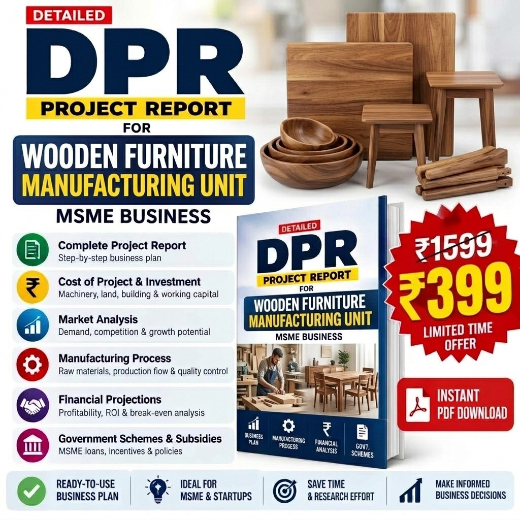 Promotional graphic for a digital PDF report titled 'DPR Project Report for Wooden Furniture Manufacturing Unit'. The design features a dark blue and yellow color scheme, showcasing a mockup of the book cover, a stack of wooden furniture pieces, and a red price badge offering the PDF for ₹399 with instant download access.