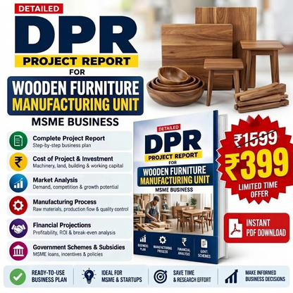 Promotional graphic for a digital PDF report titled 'DPR Project Report for Wooden Furniture Manufacturing Unit'. The design features a dark blue and yellow color scheme, showcasing a mockup of the book cover, a stack of wooden furniture pieces, and a red price badge offering the PDF for ₹399 with instant download access.