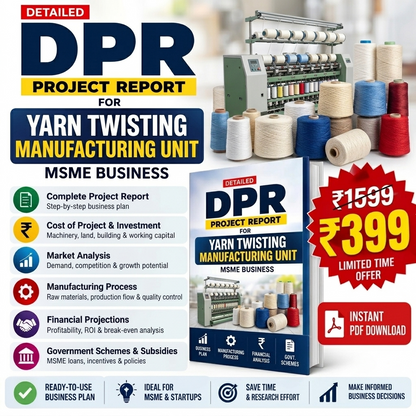Promotional graphic for a digital project report on yarn twisting manufacturing unit, featuring a book cover, a spinning machine, thread spools, and marketing text with pricing and instant PDF download callouts.