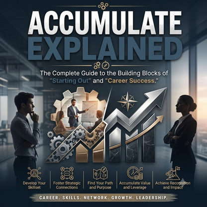 Book cover for 'Accumulate Explained' featuring a dark blue and gray design with bold white and gray text, a central graphic of gears and an upward-trending arrow, and two business professionals standing in a modern office setting.