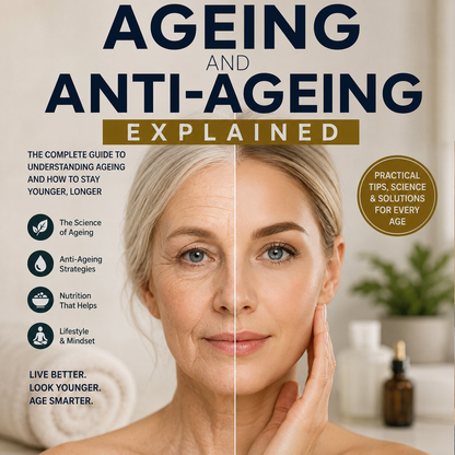 Ageing and Anti-Ageing Explained book featuring a clean modern design focused on longevity and cellular biology.