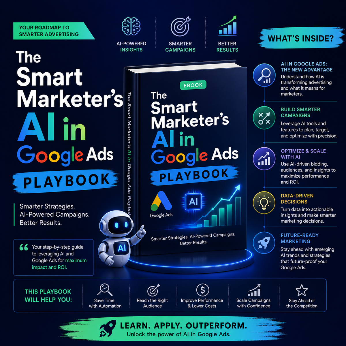 AI campaign engine: automated asset generation, real-time value-based bidding, broad match semantic targeting, and predictive audience signals.
