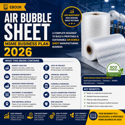 Air Bubble Sheet Business Plan illustrating LLDPE/LDPE resin feeding, plasticizing extruder, vacuum bubble forming cylinder, cooling, and automatic winder workflow.