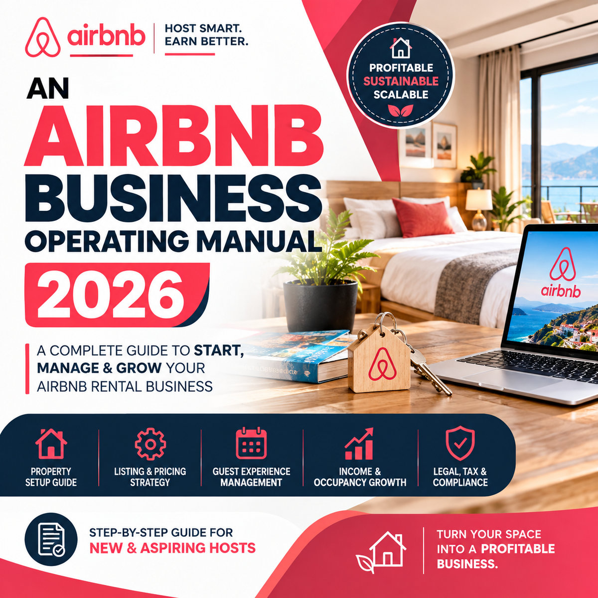 Promotional cover for the Airbnb Business Operating Manual 2026, featuring large red and navy title text over a styled Airbnb-style home interior with a bed, laptop, keys, and small potted plant. The Airbnb logo and slogan appear at top left, and feature icons along the bottom describing included topics like property setup guide, listing and pricing strategy, guest experience management, income and occupancy growth, and legal tax & compliance.