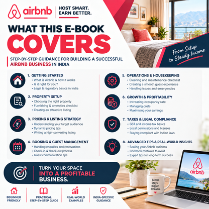 Promotional graphic for an Airbnb e-book guide titled 'What This E-Book Covers' with sections on getting started, property setup, pricing and listing strategy, booking and guest management, operations and housekeeping, growth and profitability, taxes and legal compliance, and advanced real-world insights. The design uses Airbnb branding, red and navy blocks, and a small lifestyle photo of a person working at a desk.