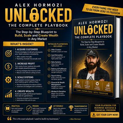 Alex Hormozi Unlocked illustrating the Value Equation, Grand Slam Offer architecture, and lead generation funnels for business growth.