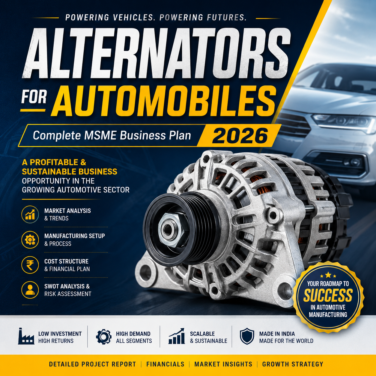 Alternators for Automobiles Complete MSME Business Plan 2026 showing auto electrical component manufacturing and assembly operations.