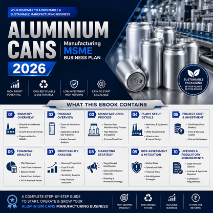 Aluminium Cans Business Plan illustrating the cupping, deep drawing, trimming, internal spray coating, and necking production workflow.