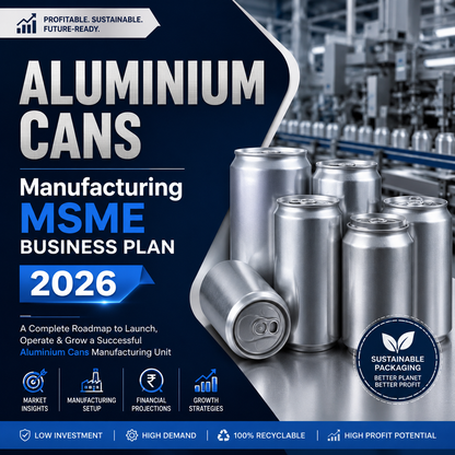 Aluminium Cans Manufacturing MSME Business Plan 2026 showing high-speed can production lines and metal packaging machinery.