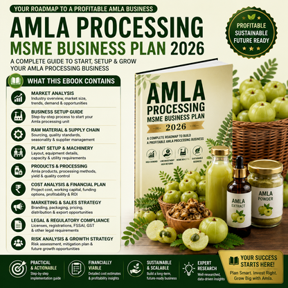 Amla Processing Business Plan illustrating fresh amla bubble washing, seed deseed/shredding, juice extraction/pulping, thermal pasteurization, tray drying for candy/powder, and automated bottling.