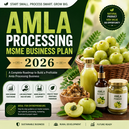 Amla Processing MSME Business Plan 2026 featuring stainless steel amla fruit pulpers, pasteurizer units, and packaged amla juice, candy, and powder.