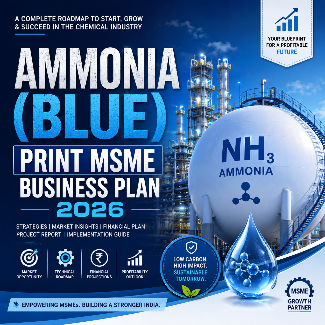 Ammonia Blue Print MSME Business Plan 2026 showing low-carbon blue ammonia production facility and carbon capture technology.