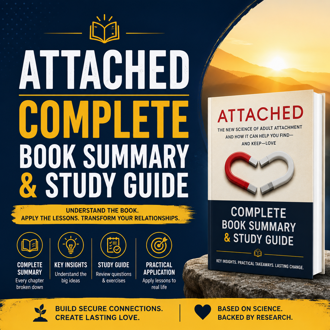 Attached Book Summary & Study Guide showing visual concepts of adult attachment theory, romantic bonds, and emotional connection.