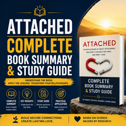 Attached Book Summary & Study Guide showing visual concepts of adult attachment theory, romantic bonds, and emotional connection.