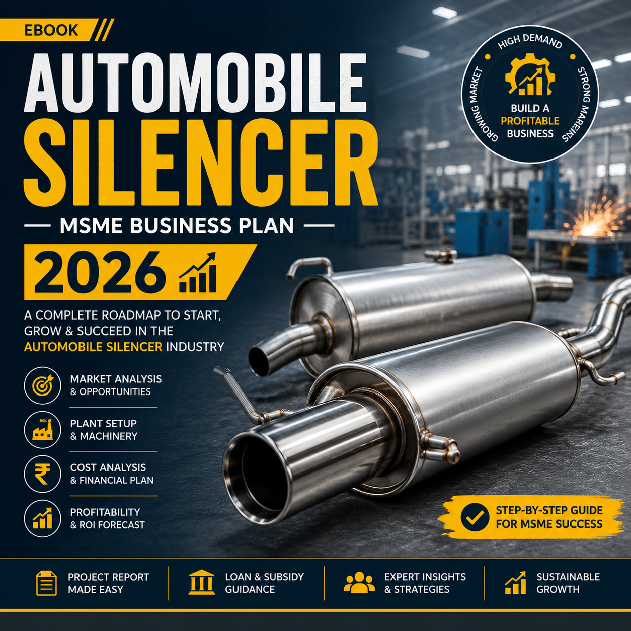 Automobile Silencer MSME Business Plan 2026 showing CNC hydraulic pipe benders, exhaust muffler assembly, and chrome-finished two-wheeler/four-wheeler silencer pipes.