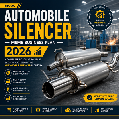 Automobile Silencer MSME Business Plan 2026 showing CNC hydraulic pipe benders, exhaust muffler assembly, and chrome-finished two-wheeler/four-wheeler silencer pipes.