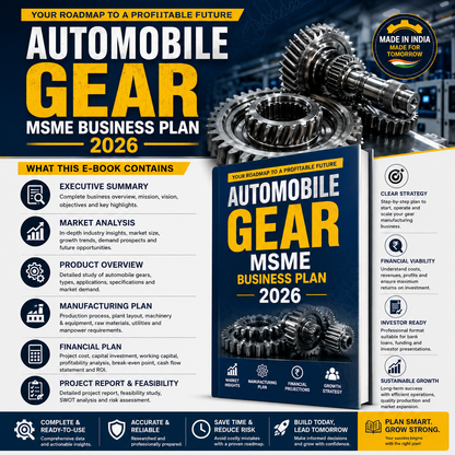 Automobile Gear Business Plan illustrating alloy steel forging blanking, CNC turning, gear hobbing/shaping, heat treatment (carburizing and quenching), gear grinding, and profile inspection.