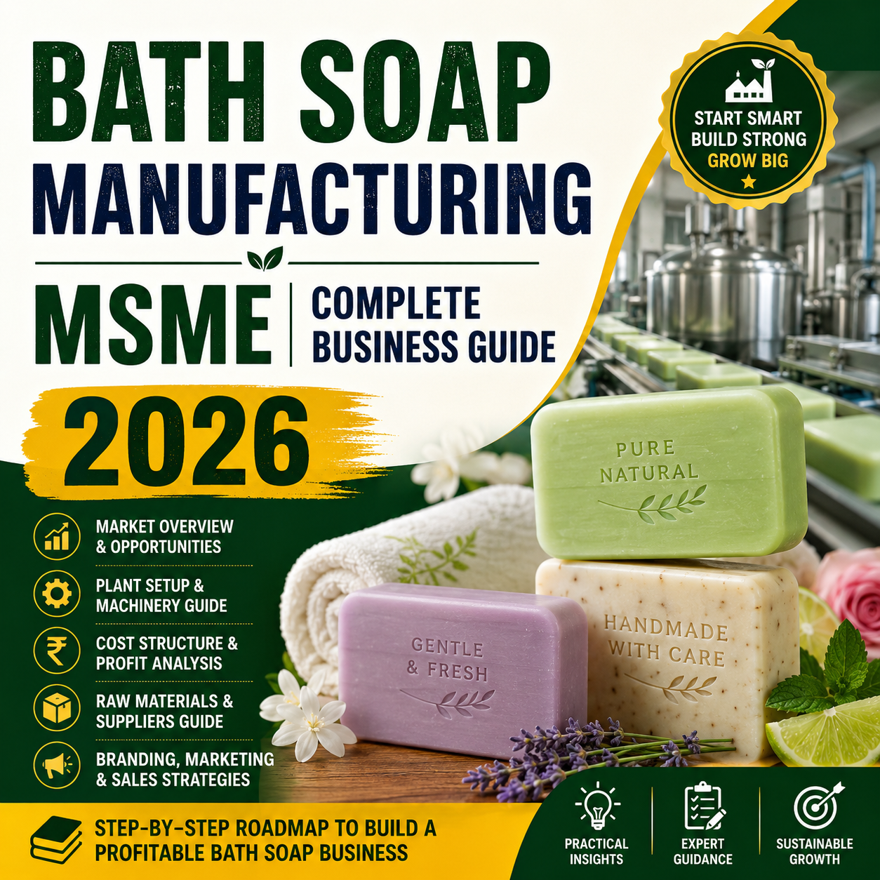 Bath Soap Manufacturing MSME Complete Business Guide 2026 showing soap extrusion machinery, triple roll mills, and finished premium soap bars.