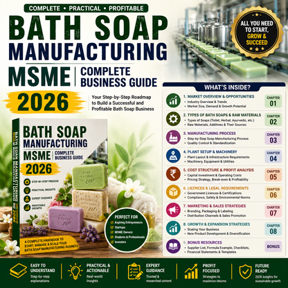 Bath Soap Manufacturing Guide illustrating raw material mixing, triple roll milling, vacuum plodder extrusion, bar cutting, stamping, and wrapping.