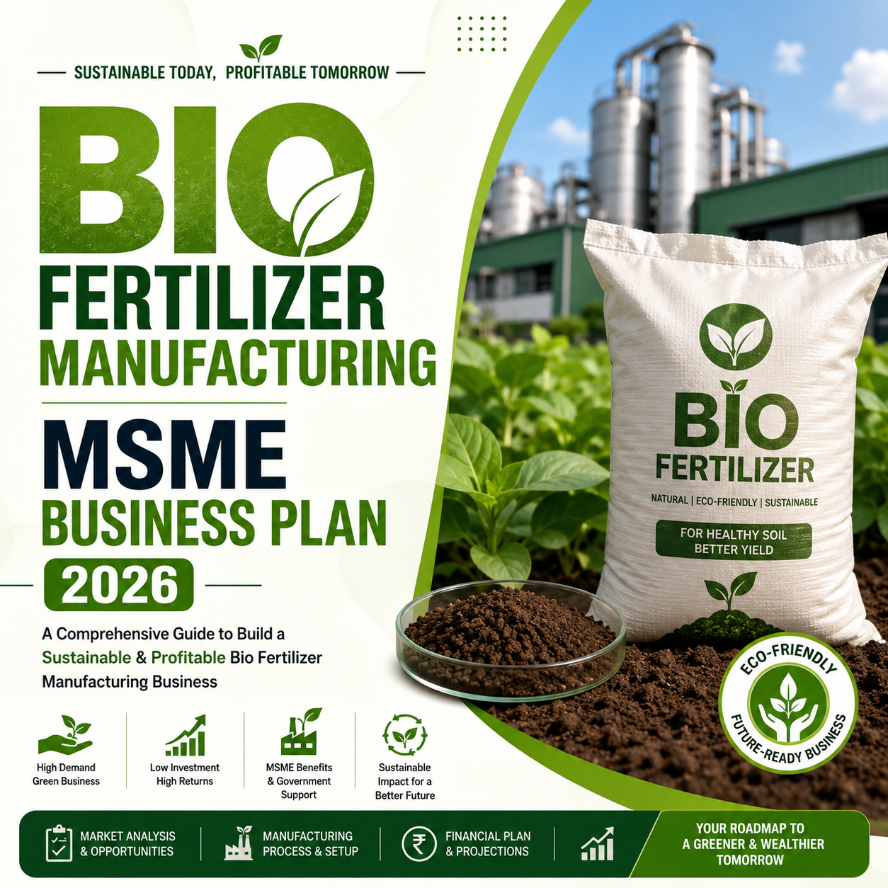 Bio Fertilizer Manufacturing MSME Business Plan 2026 featuring SS 304/316 bio-reactors, culture fermenters, and eco-friendly liquid/carrier bio-fertilizer bottles and pouches.