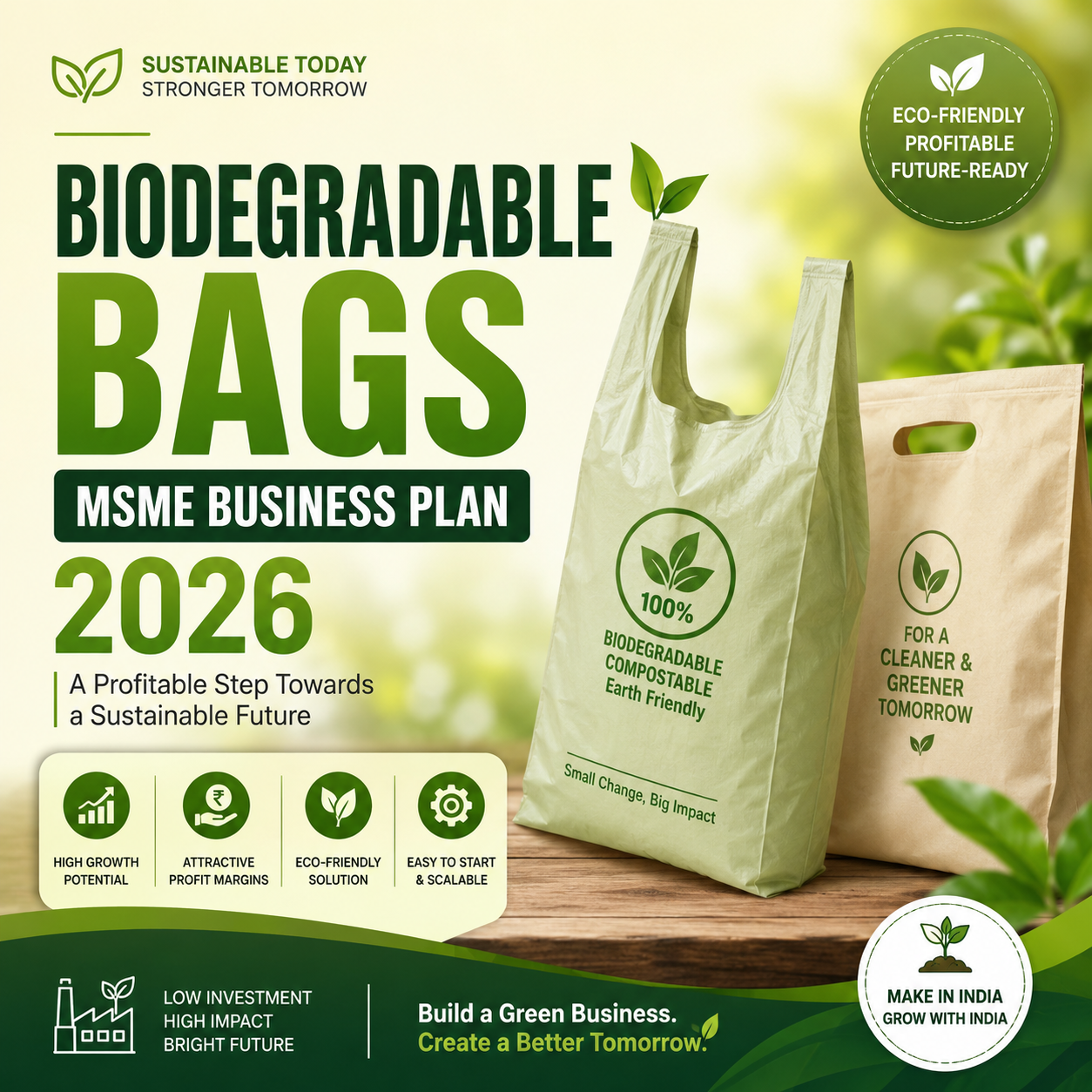 Biodegradable Bags MSME Business Plan 2026 showing bio-film blown film extruders, sealing & cutting machines, and eco-friendly compostable carry bags.