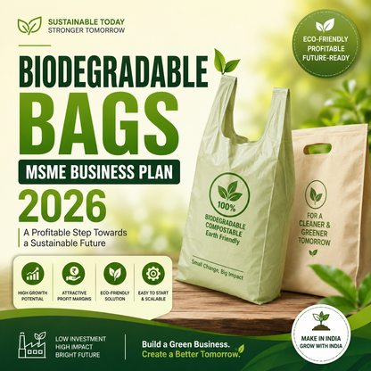 Biodegradable Bags MSME Business Plan 2026 showing bio-film blown film extruders, sealing & cutting machines, and eco-friendly compostable carry bags.