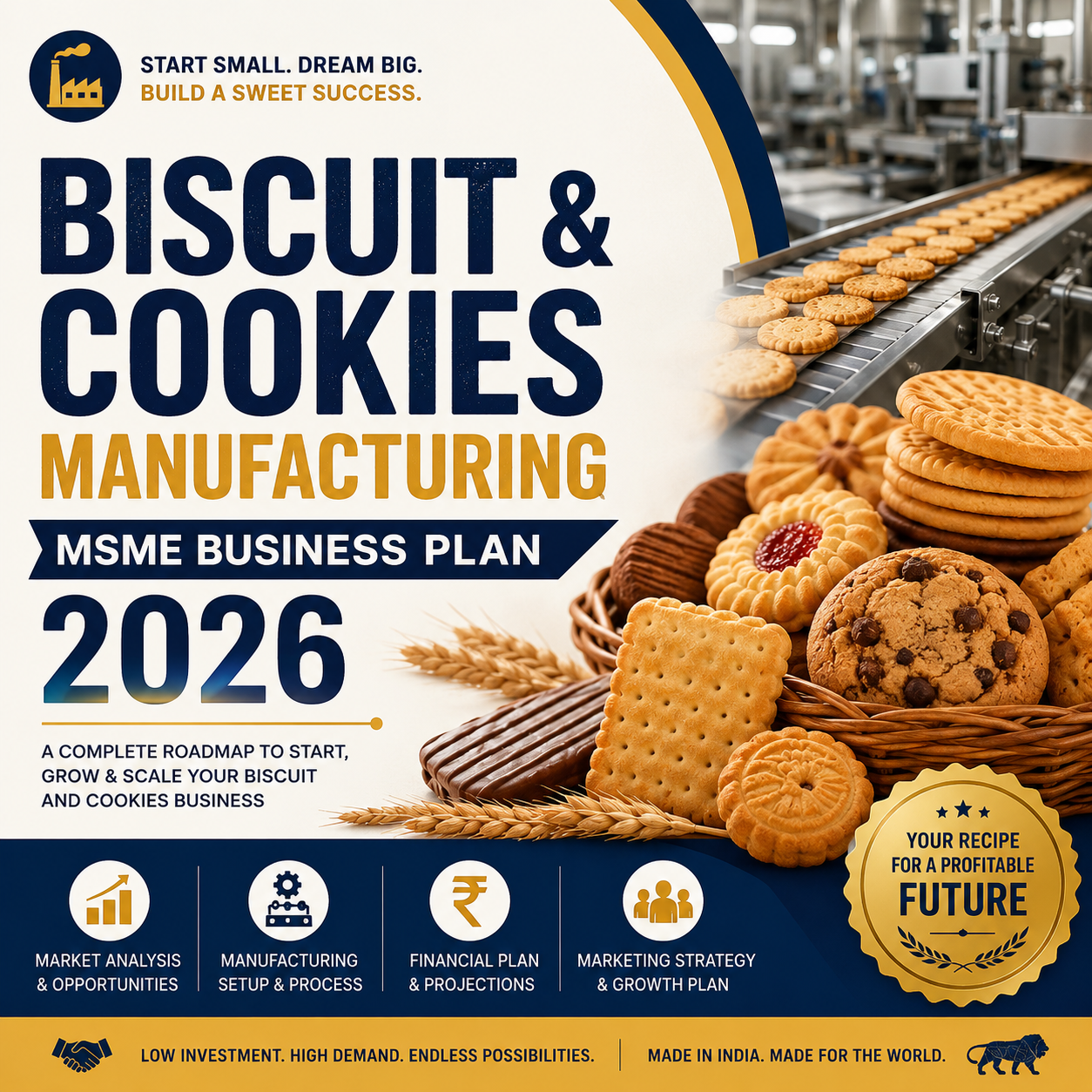 Biscuit & Cookies Manufacturing MSME Business Plan 2026 featuring automatic multi-drop cookie machines, rotary rack baking ovens, and packaged artisanal cookies.